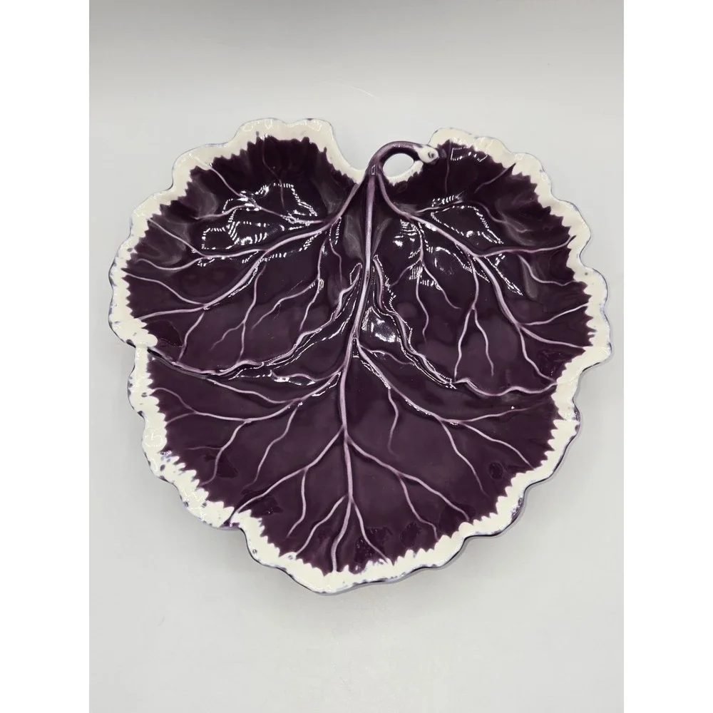 Majolica Cabbage Leaf Serving Bowl Purple Glazed Lobed Dish‎ Bordallo Style